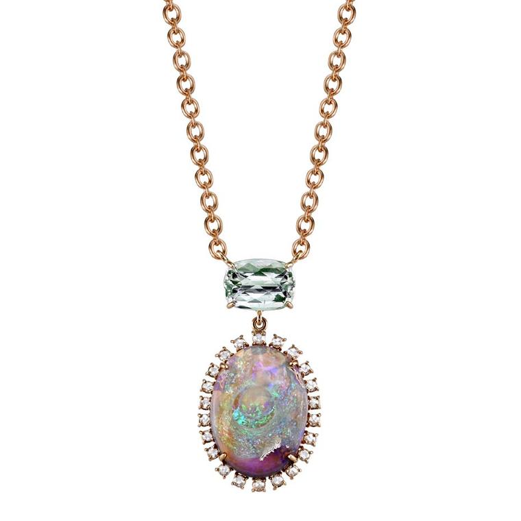 Irene Neuwirth rose gold one-of-a-kind necklace with green tourmaline, Lightning Ridge opal and diamonds ($9,770).