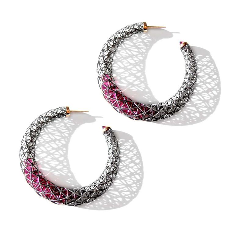 Roule & Co. crescent hoop earrings with pink tourmalines within blackened gold cages.