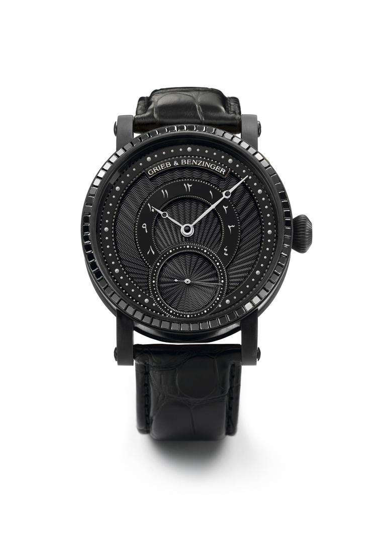 Grieb & Benzinger Pharos Centurion Imperial watch is an all-black handcrafted masterpiece from the elite German team of watchmakers. Housed in a 43mm blackened palladium case, the bezel is set with 66 black princess-cut diamonds and the movement has also 