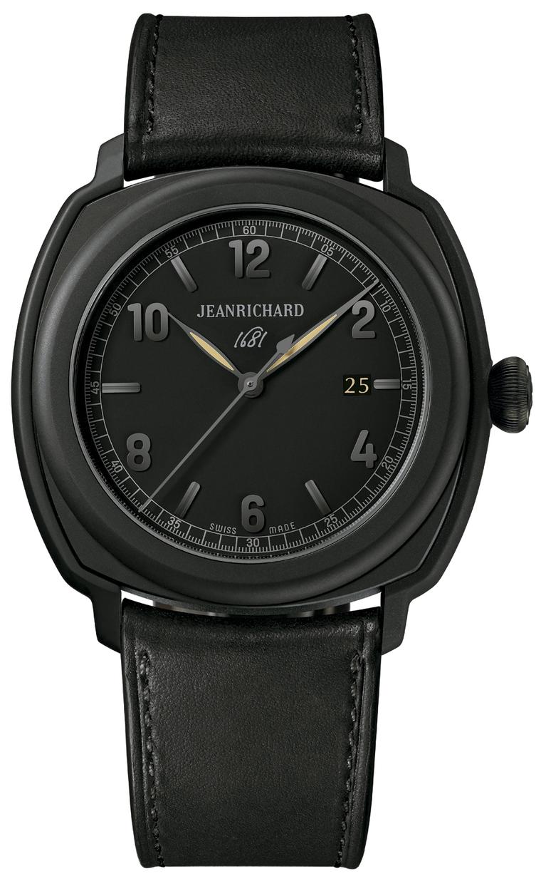JeanRichard has created a New Year’s Eve Black Tie Selection of black-on-black watches, including this handsome 1681 model with a sandblasted black DLC-coated stainless steel 44mm case and an in-house JR1000 self-winding movement.