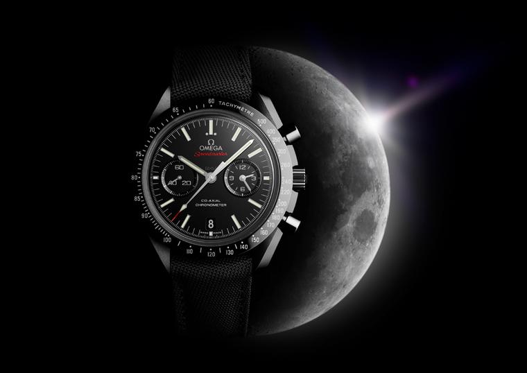 Omega Speedmaster Dark Side of the Moon watch featuring a 44.25mm case in black ceramic. White gold indices and hands bring an aura of Moonlight to this robust chronograph, powered by an in-house Omega Co-Axial movement with a full four-year warranty.
