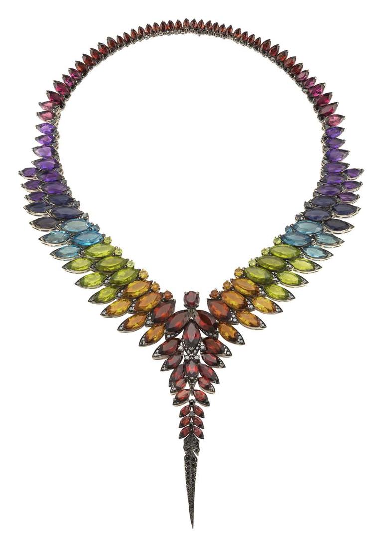 Stephen Webster Magnipheasant necklace with amethyst, pink tourmaline, red garnet, blue topaz, peridot and citrine, each surrounded by a border of pavé black diamonds that emulate a pheasant’s distinctive feathers.