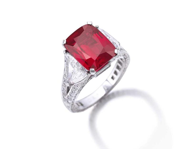 The 8.62 carat Graff ruby ring, from the collection of Greek financier Dimitri Mavrommatis, which set a new world record at auction for a ruby at Sotheby's Geneva in December 2014 when it sold for $8.6 million.