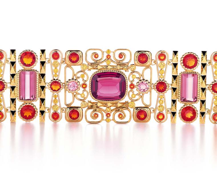 Tiffany bracelet set with yellow diamonds, fire opals, tourmalines and a central cushion-cut garnet, from the 2014 Book Book collection.