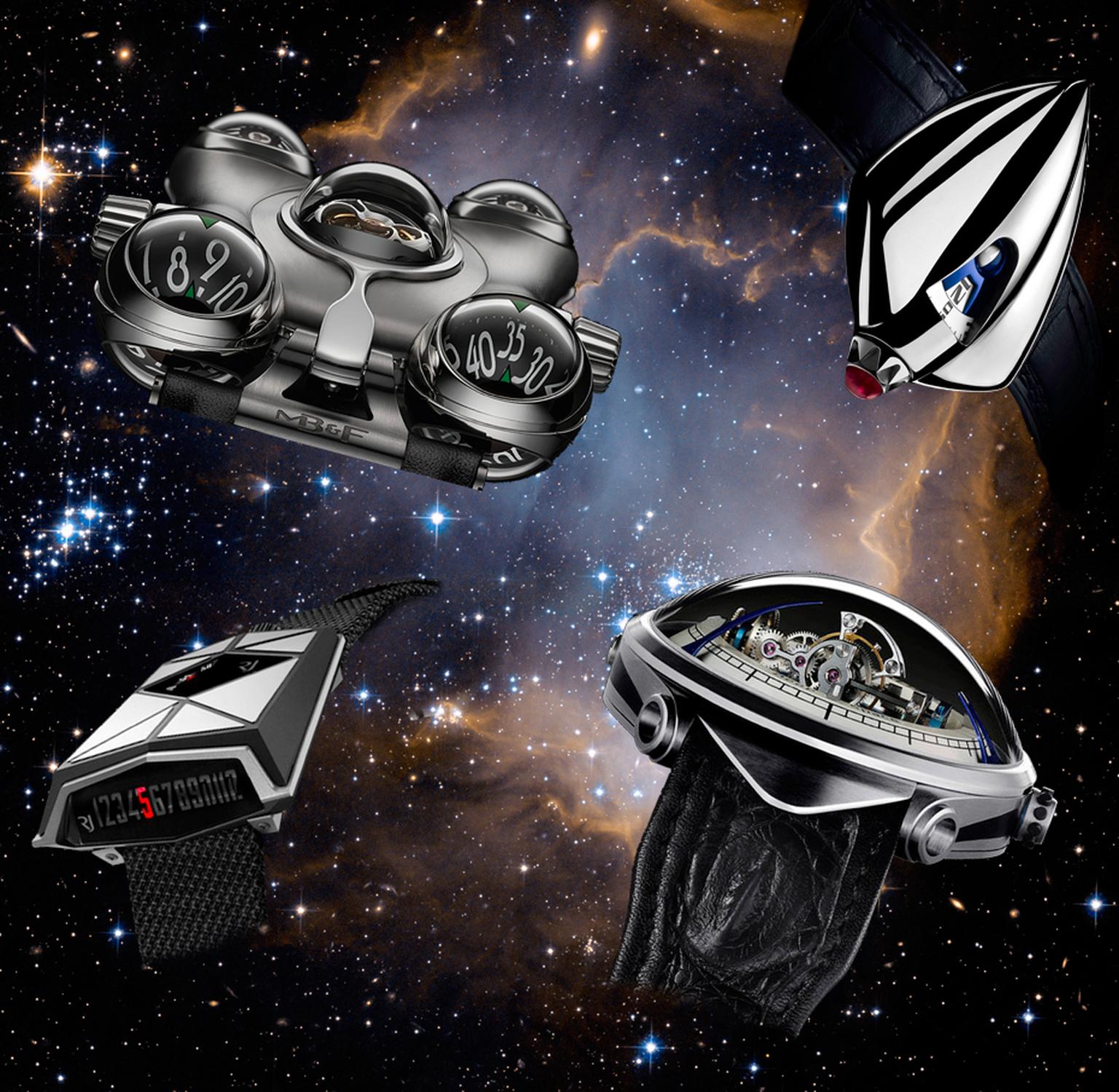 Fans of horology and science fiction can pursue both passions with these extraordinary vessels designed to navigate the far reaches of outer space. From left to right: MB&F HM6 Space Pirate, de Bethune Dream Watch 5, Vianney Halter Deep Space 9; Romain Je