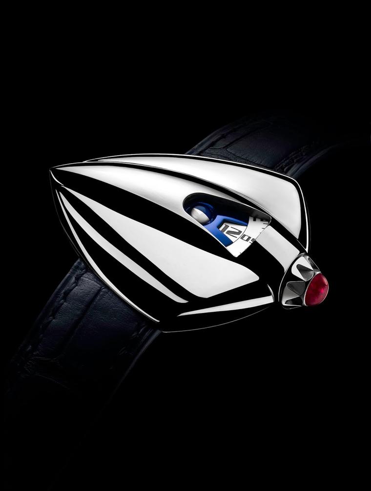 Hours literally lose their gravity on board De Bethune's sculptural Dream Watch 5, a sleek titanium vessel with jumping hours which appear in a porthole at the stern of the ship, which also indicates minutes and the phases of the Moon.