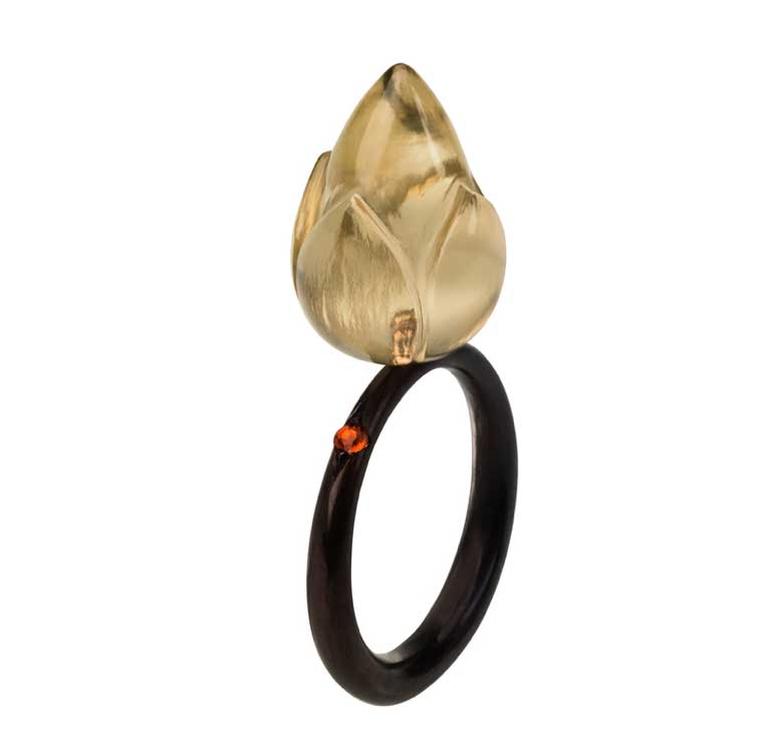 Alice Cicolini Stone Lotus Lemon ring in gold with imperial purple gold plating, set with a hand-carved lemon quartz and a fire opal.