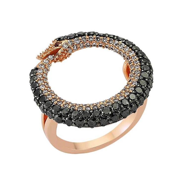 Bee Goddess Ouroboros snake ring in rose gold with black and white diamonds.