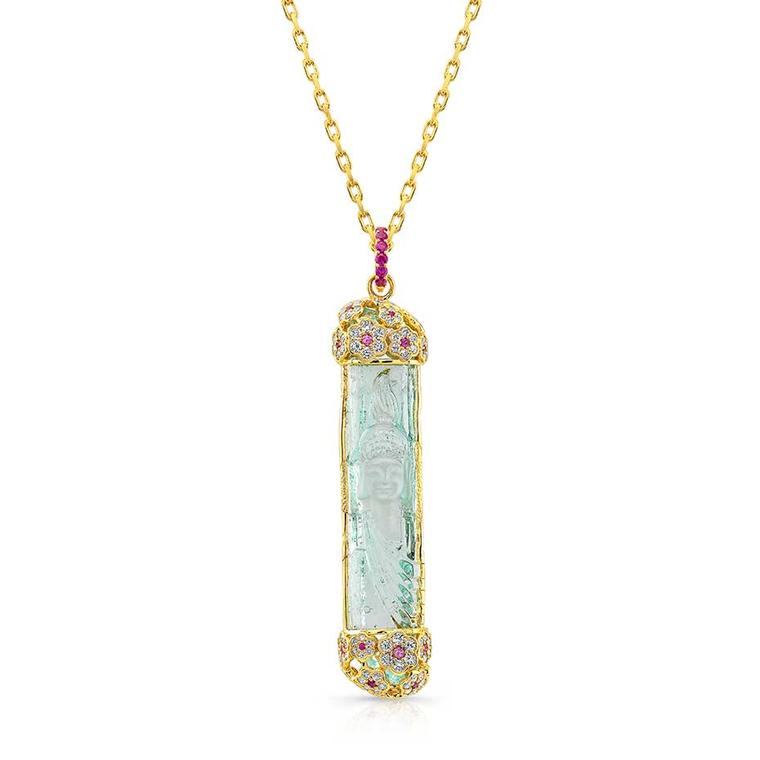 Buddha Mama one-of-a-kind carved aquamarine Buddha necklace with diamonds and pink sapphires.