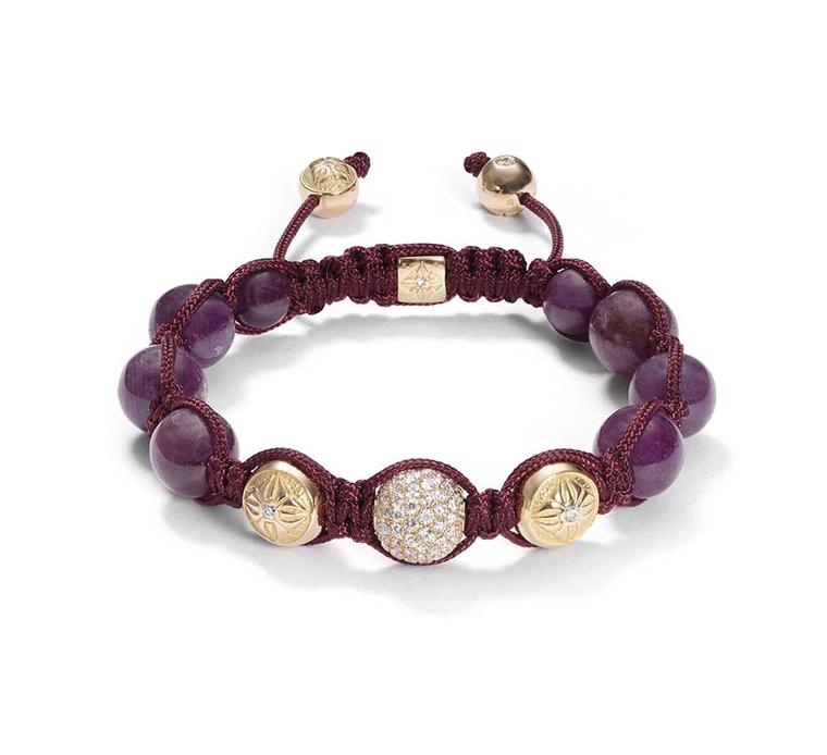 Shamballa Jewels Classic Shamballa bracelet with rubies, white diamond pavé and gold beads.