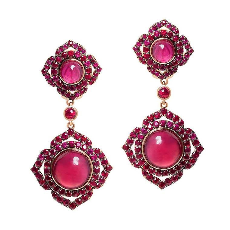 Vanessa Kandiyoti Chakra rose gold earrings with cabochon rubies and pavé rubies.