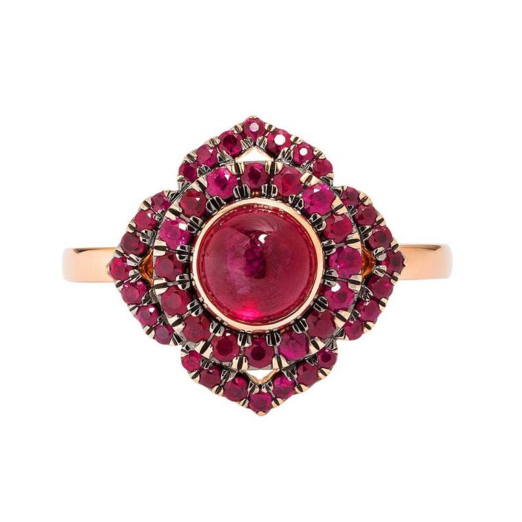 Vanessa Kandiyoti Chakra rose gold ring with a cabochon ruby and pavé rubies.