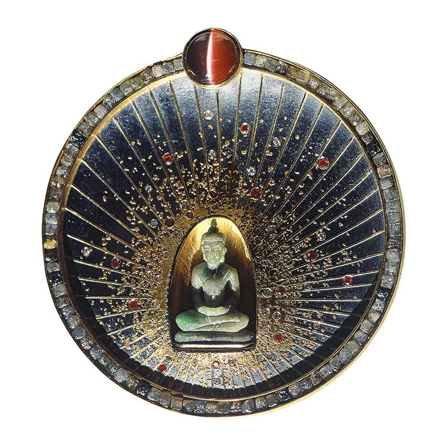 Atelier Zobel Buddha brooch in silver and gold with a cat's eye tourmaline, rough diamonds, pink diamonds and champagne diamonds.