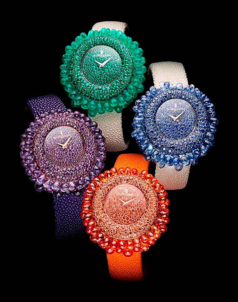 de GRISOGONO Grappoli collection featrues mouth-watering high jewellery watches. Like a sunflower bursting with colourful gemstones, the Grappoli model is the fruit of expert gem-setters and stone cutters patiently cutting and setting each and every one o