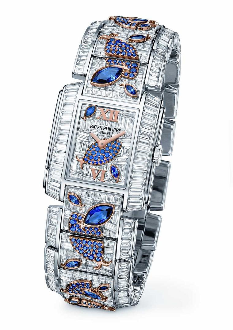 Patek Philippe Aquatic Life high jewellery watch is set with 1,937 diamonds and 43.74 carats of sapphires. This beautiful underwater scene comes to life with the different cuts of precious stones.