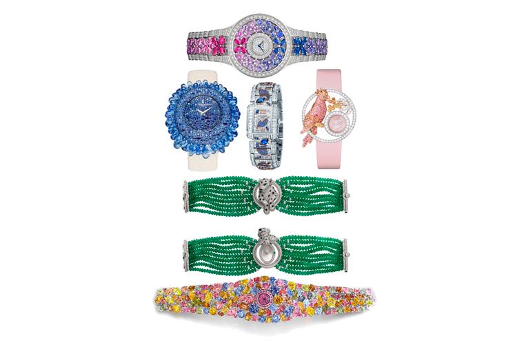 High jewellery watches marry the art of timekeeping with artistic gem-setting skills. Pictured from top to bottom: Graff Butterfly watch; de GRISOGONO Grappoli watch with blue sapphires; Patek Philippe Aquatic Life watch; Boucheron Ajourée Nuri watch; Car
