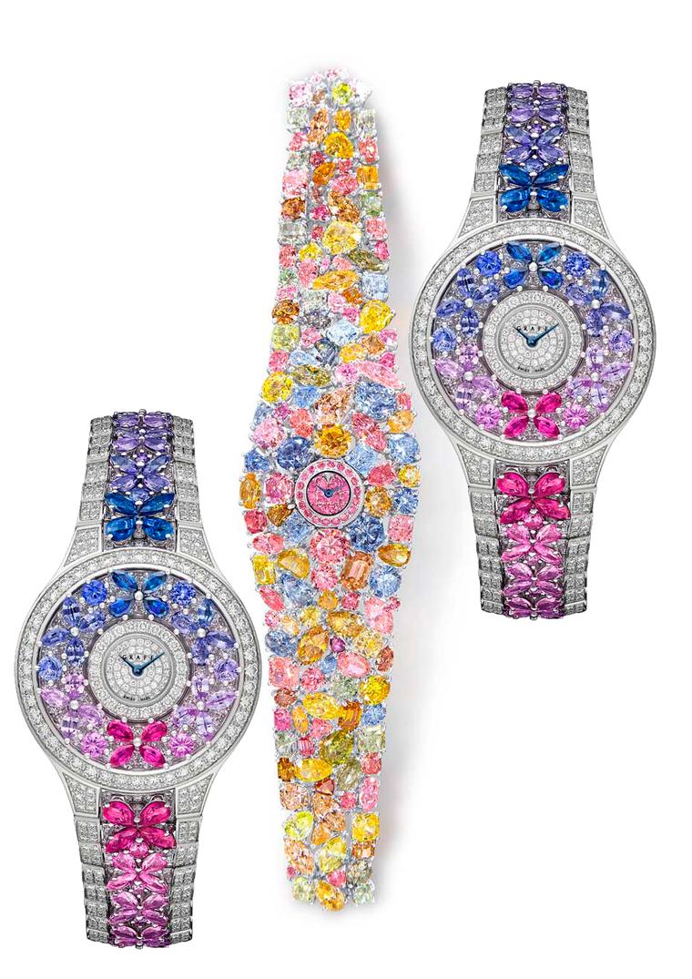 The Graff Hallucination is accompanied by the Butterfly watch which competed in the high jewellery category of the GPHG contest: set against a diamond background, each butterfly on the dial and bracelet is composed of four pear-shape gemstones sculpted fr
