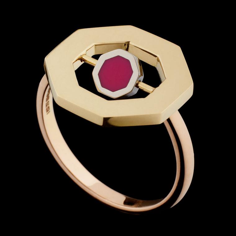 Hattie Rickards Flip Octo Ring with a revolving central octagon in enamel set in Fairtrade Fairmined ecological gold.