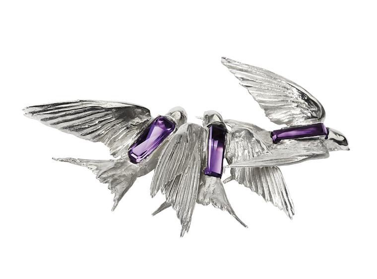Jordan Askill silver and Zambian amethyst Swallows brooch, created in collaboration with Gemfields in 2013.