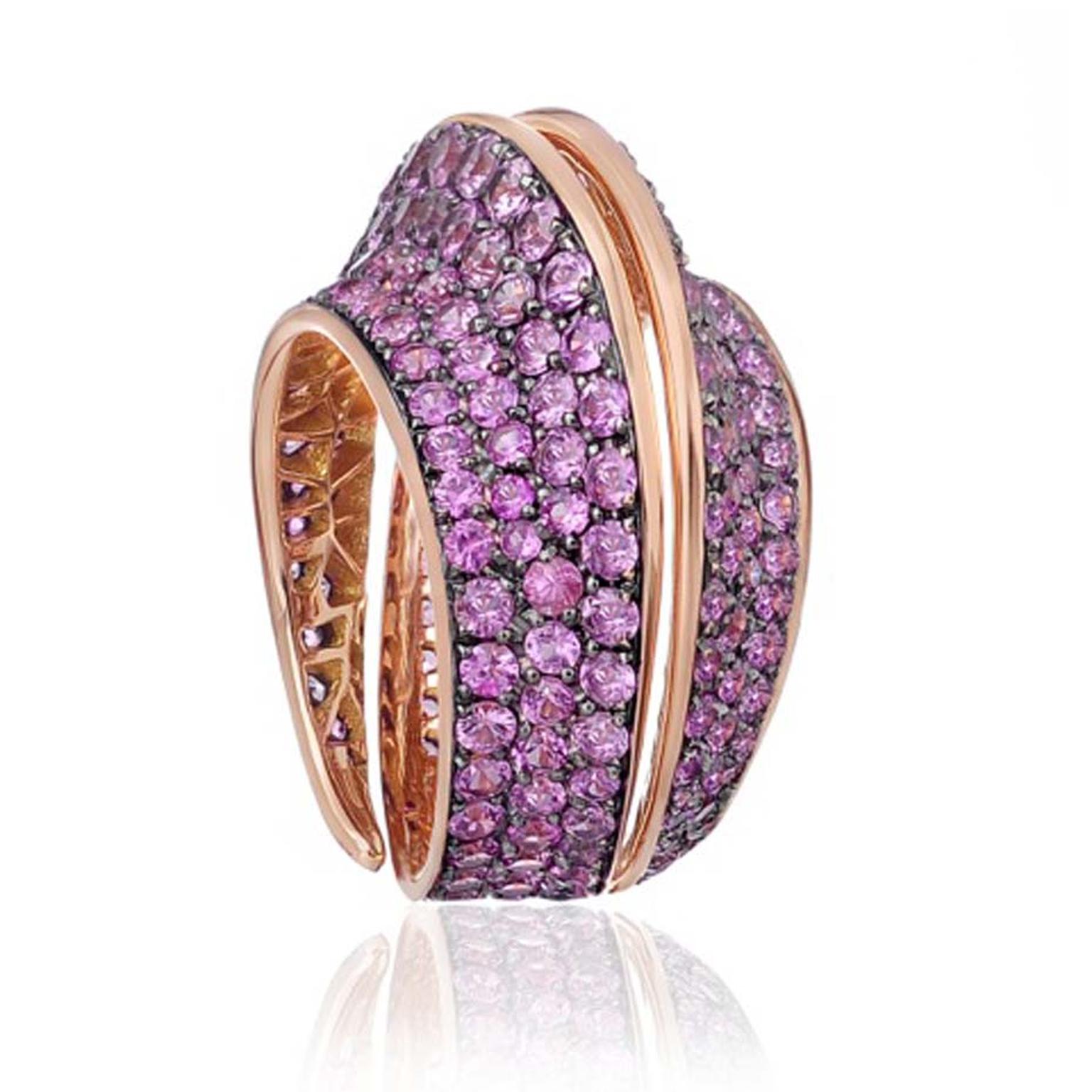 Lily Gabriella ring in rose gold, pavé set with pink sapphires.