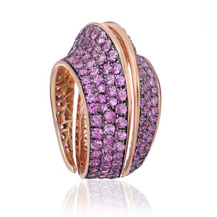 Lily Gabriella ring in rose gold, pavé set with pink sapphires.