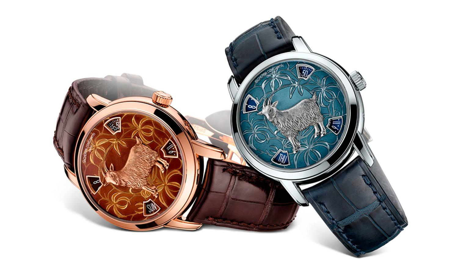 2015 is the official Year of the Goat in the Chinese astrological calendar and kicks off on 19 February. Shown here are two models crafted by Vacheron Constantin to honour the occasion, one in red gold, the other in platinum with beautifully etched and en