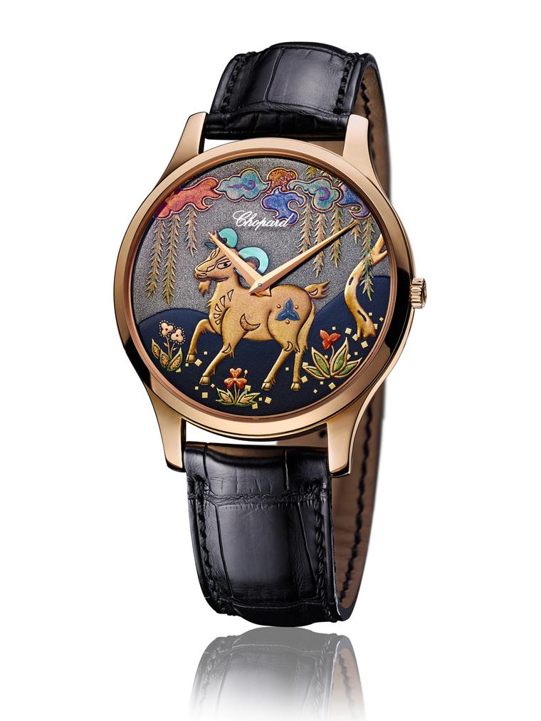 Chopard pays homage to the Chinese Year of the Goat resorting to the ancestral technique of Japanese lacquer work known as Urushi on the dial of this watch.