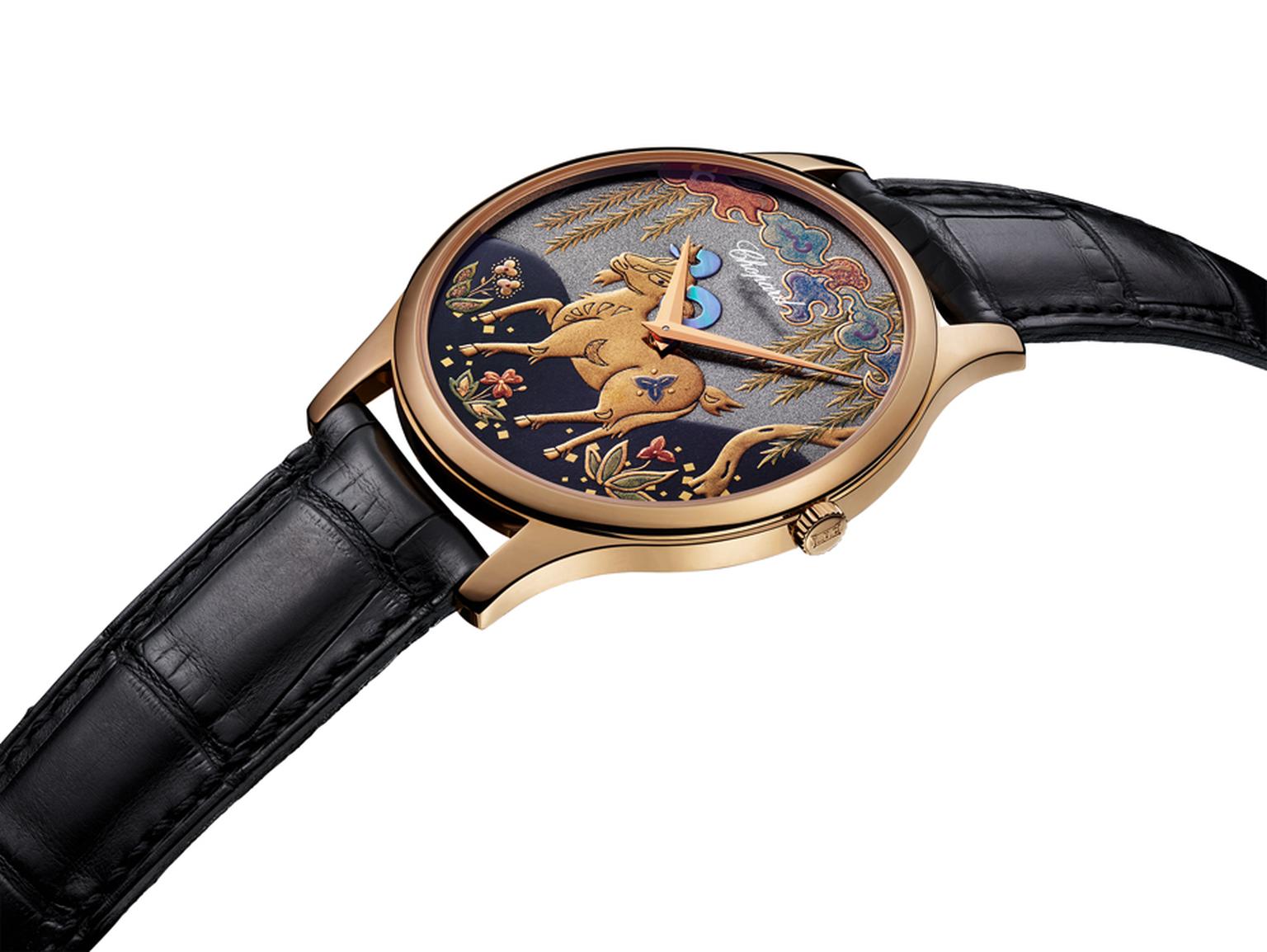 The dial of the Chopard goat watch is housed in a gold 39.5mm L.U.C XP ultra-thin case and the hours and minutes powered by an in-house self-winding calibre with a 65-hour power reserve. The rose gold case is a mere 6.8 mm thick.