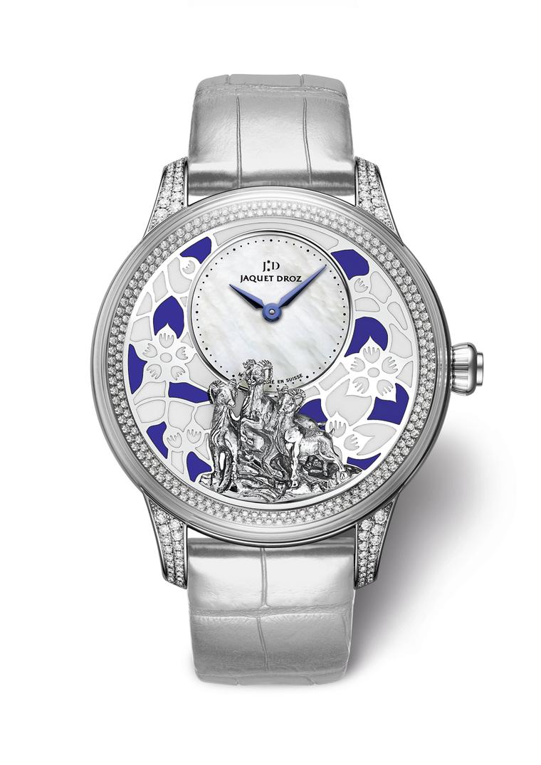 The white gold 41 mm Jaquet Droz Petite Heure Model has been chosen as the vessel for this work of art, which includes a beautiful plum blossom background created with champlevé enamelling set against a white mother-of-pearl dial.