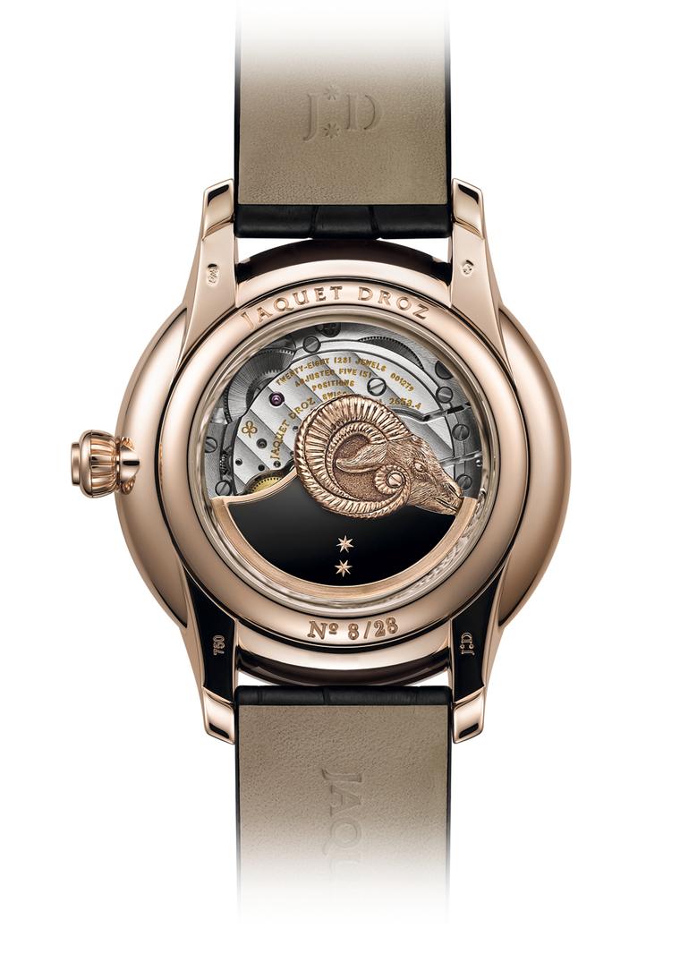 The self-winding mechanical movement of the Jaquet Droz watch, exposed on the caseback, reveals yet another tribute to the Year of the Goat with the head of a ram mounted on the rotor.