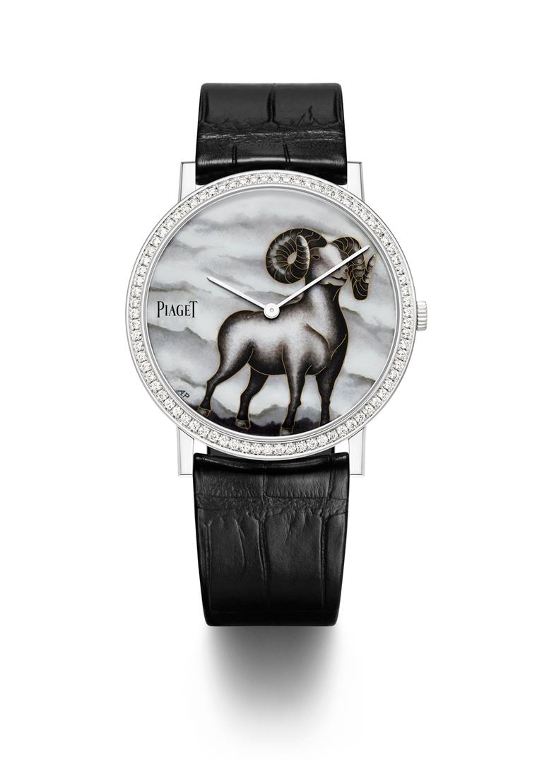 Piaget celebrates the Year of the Goat with this handsome ultra-thin 38mm white gold Altiplano watch decorated by hand by one of Switzerland's leading enamel artists, Anita Porchet. Limited edition of 38 pieces.