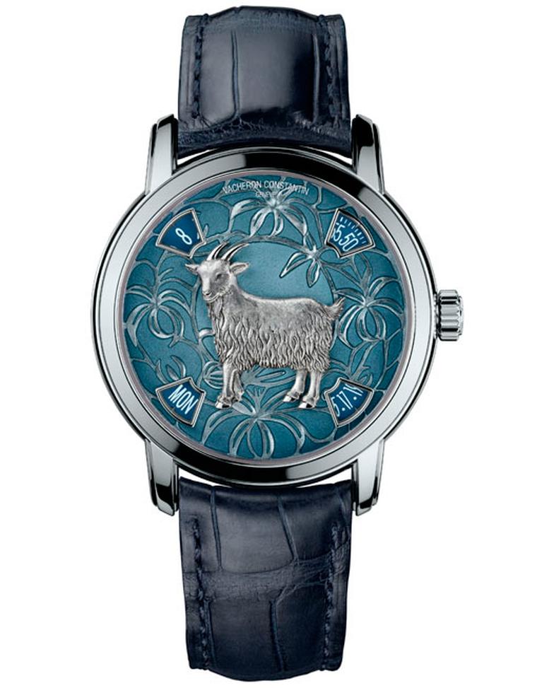 Vacheron Constantin Year of the Goat model in 40mm platinum is powered by the calibre 2460 and features four apertures for the day of the week, the date, the time and the minutes.