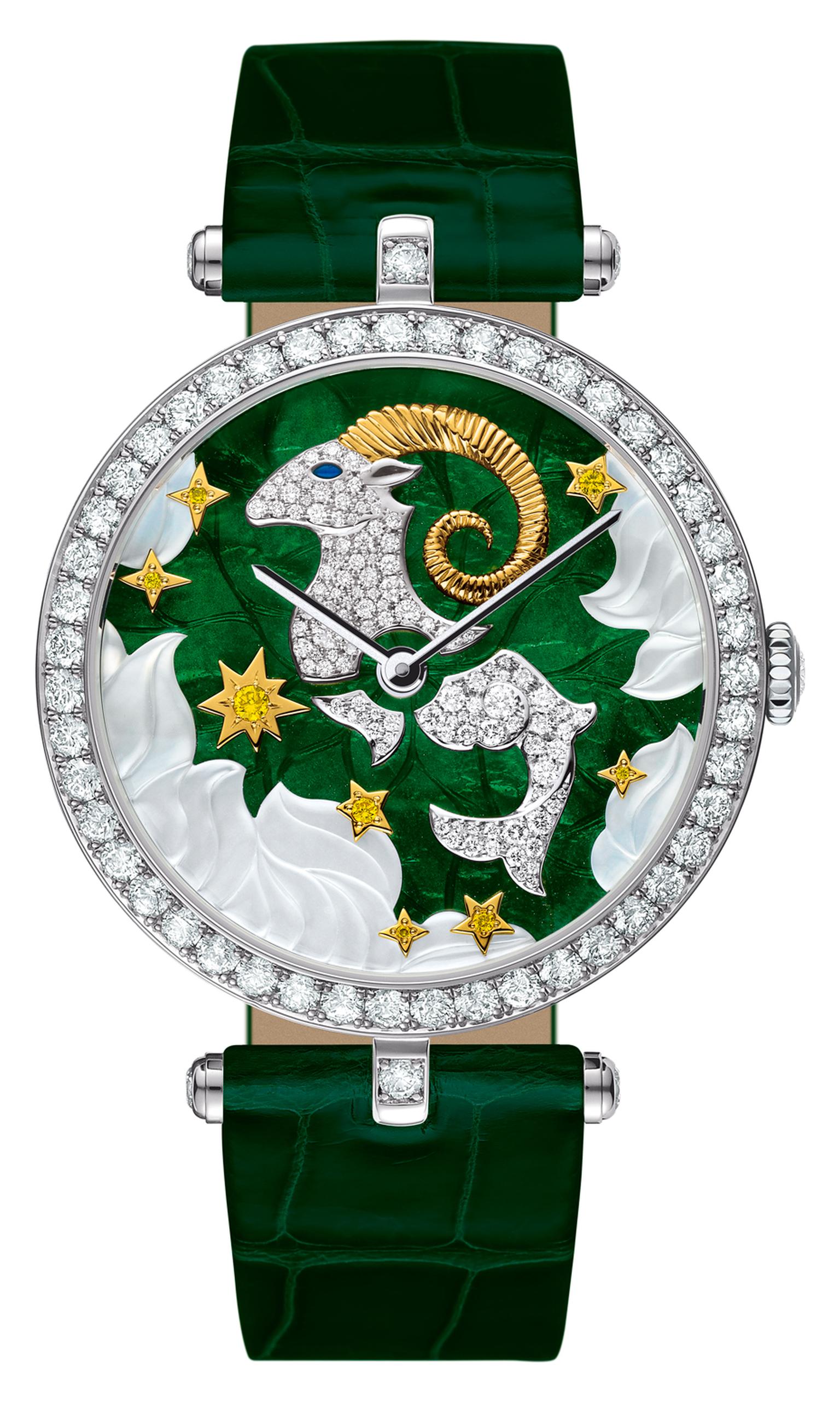 Van Cleef & Arpels high jewellery Lady Arpels Zodiac Capricorn watch in a white gold case. The beautiful green enamel dial is enlivened with touches of mother-of-pearl and white and yellow diamonds bringing the headstrong ram to life. Limited edition of 2