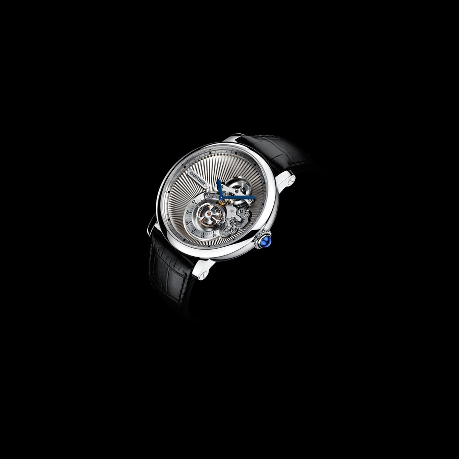 The 46mm Rotonde de Cartier Reversed Tourbillon defies convention with its asymmetric off-centred hours and minutes hands, which move around the exposed and reversed flying tourbillon.