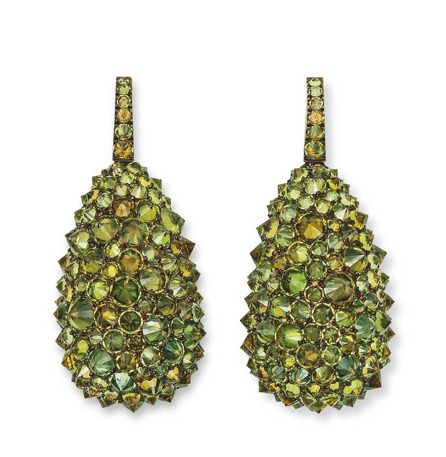 Hemmerle earrings in copper and white gold, reverse set with demantoid garnets.