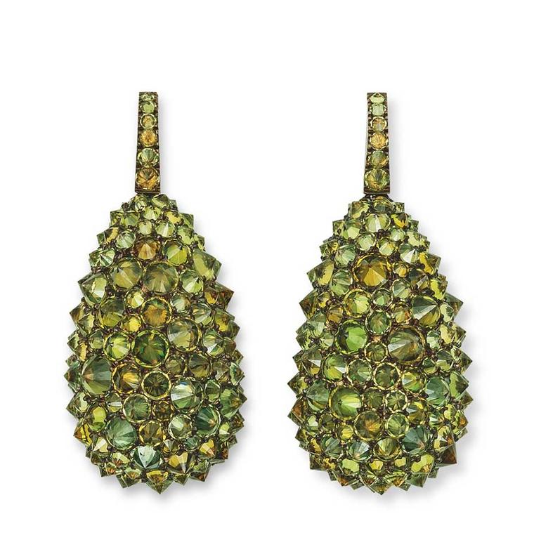 Hemmerle earrings in copper and white gold, reverse set with demantoid garnets.