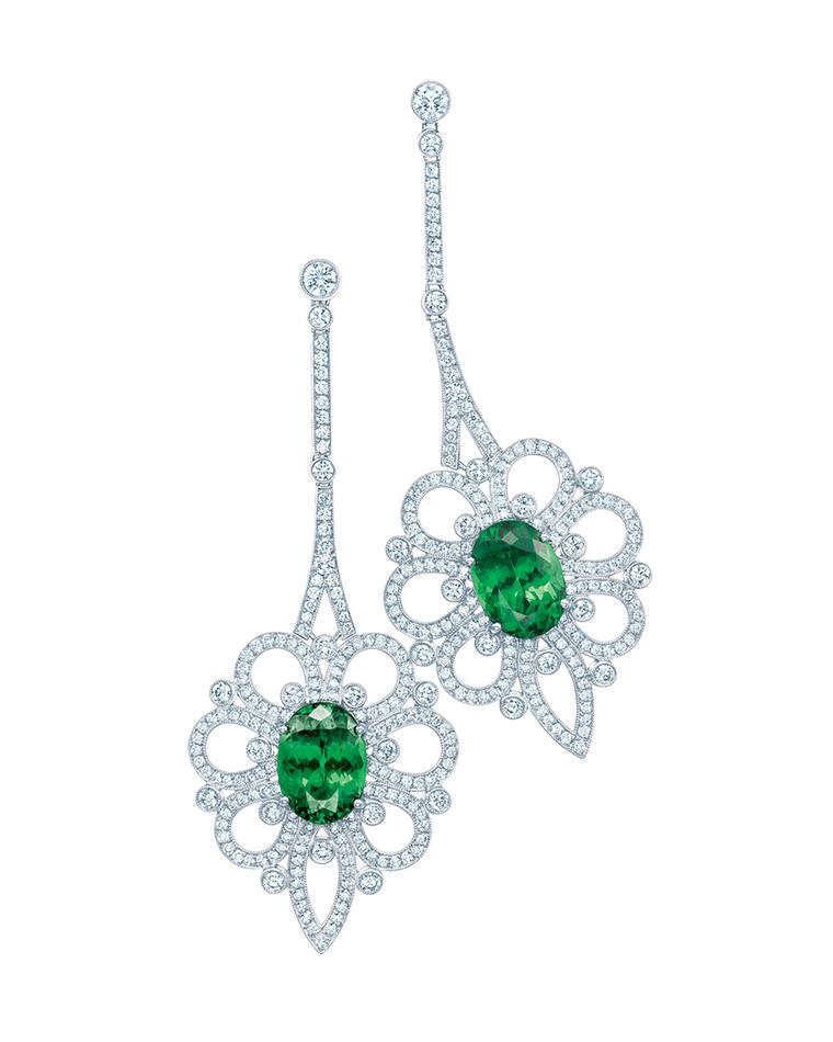 Tiffany tsavorite and diamond earrings in platinum, from the Legacy collection.