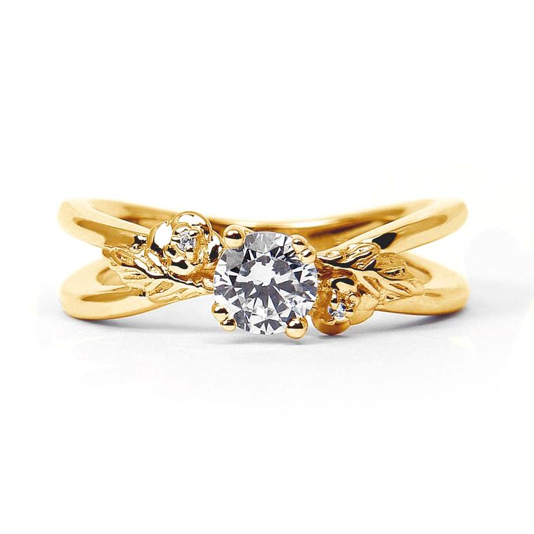 Arabel Lebrusan Foliage ethical diamond engagement ring featuring a Fairtrade yellow gold split band (from £2,340). From the Secret Garden collection.