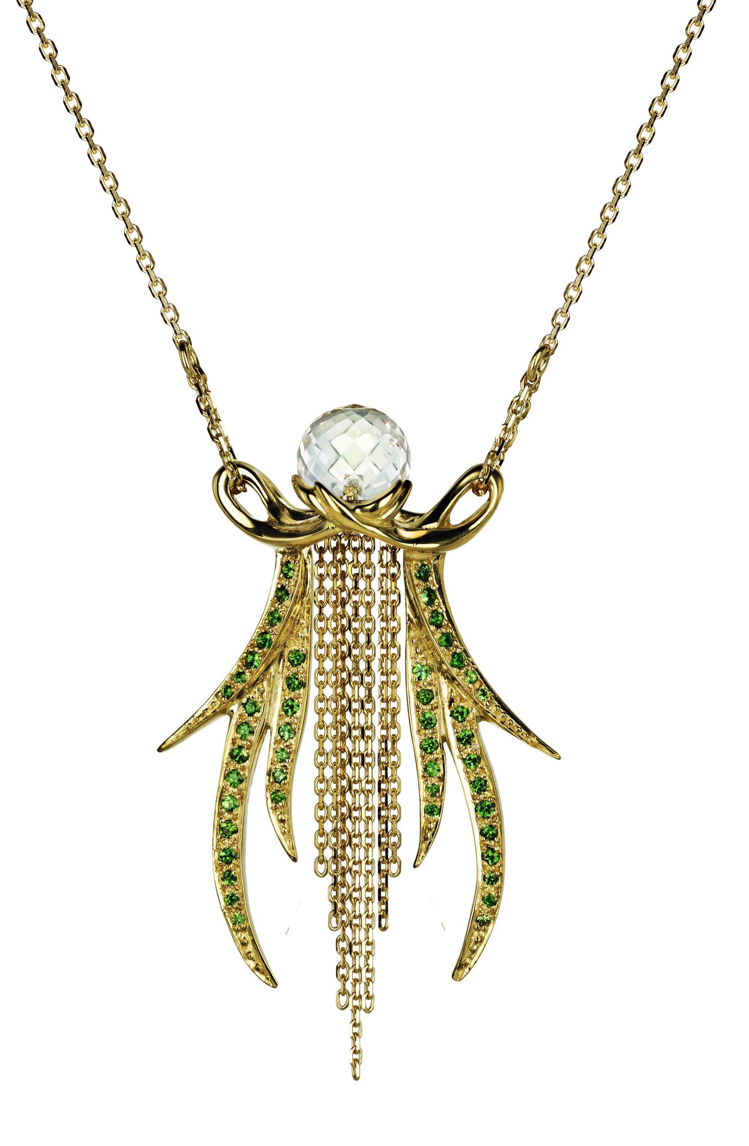 Ana de Costa necklace in yellow gold from the Alchemy collection, topped with white rock crstyal and pavé set with tsavorites.