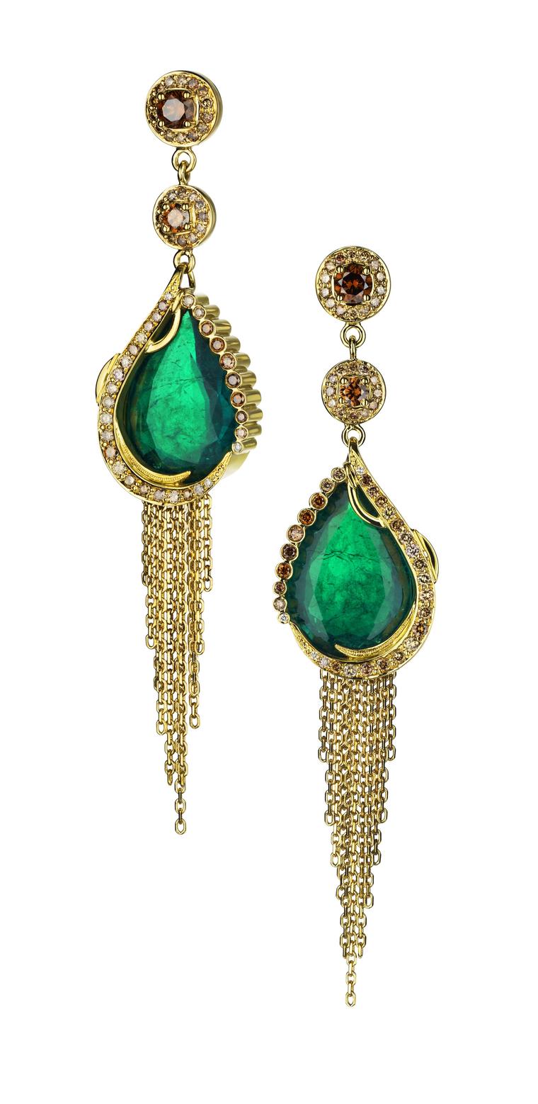 Ana de Costa earrings in yellow gold featuring a matching pair of Gemfields Zambian cabochon emeralds and pavé set with natural cognac diamonds.