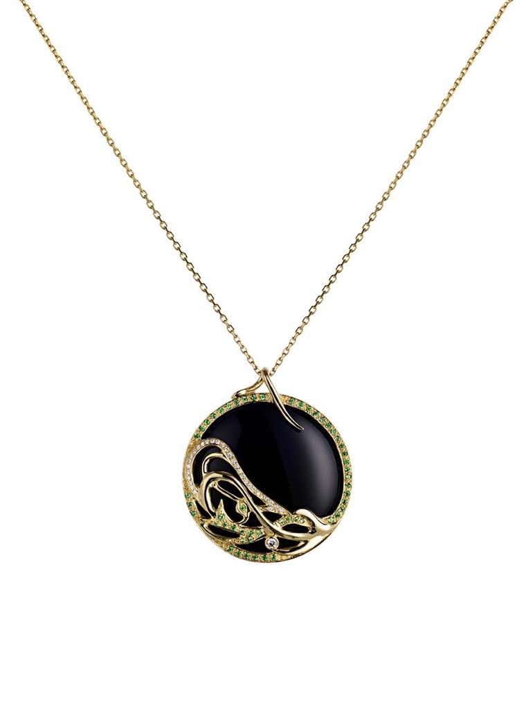 Ana de Costa Art Nouveau pendant in yellow gold and onyx from the Mystical Tarot collection, pavé set with diamonds and tsavorites.