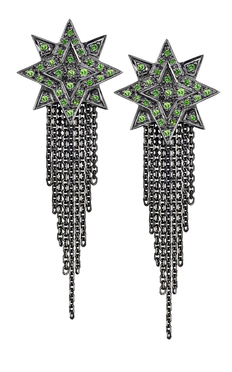 Ana de Costa earrings in blackened white gold from the Alchemy collection, pavé set with tsavorites.