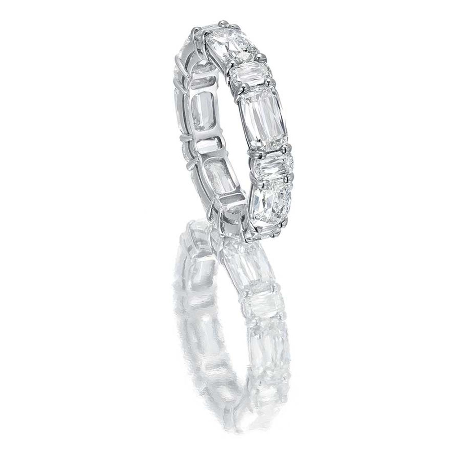Boodles Ashoka eternity ring in platinum, full-set with Ashoka-cut diamonds.