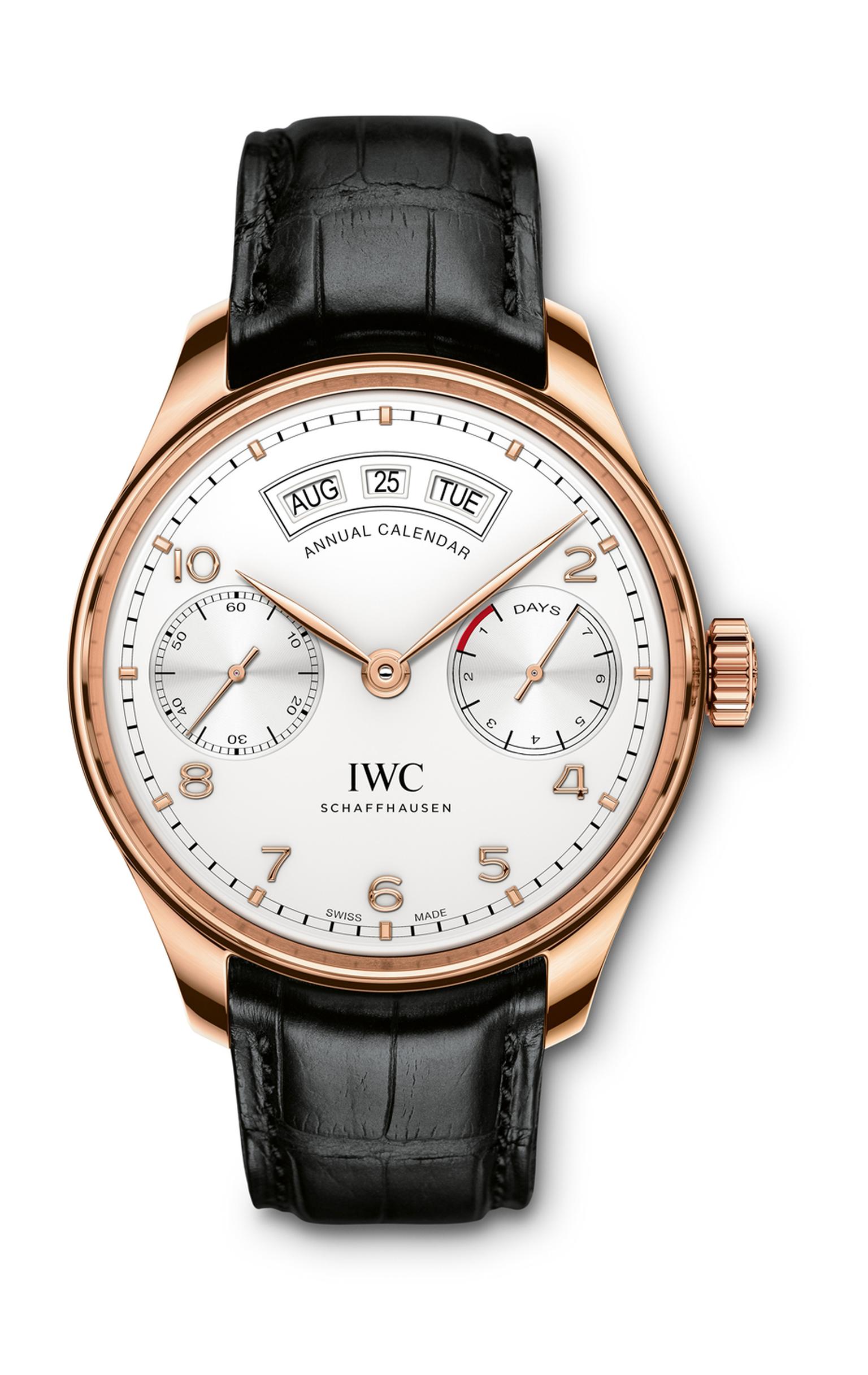 The aesthetics of IWC's new Annual Calendar watch are remarkably similar to the original 1939 Portugieser, with its large 44.2mm stainless steel or red gold case, grooved bezel, railway-track chapter ring and Arabic numerals. The two subdials display smal