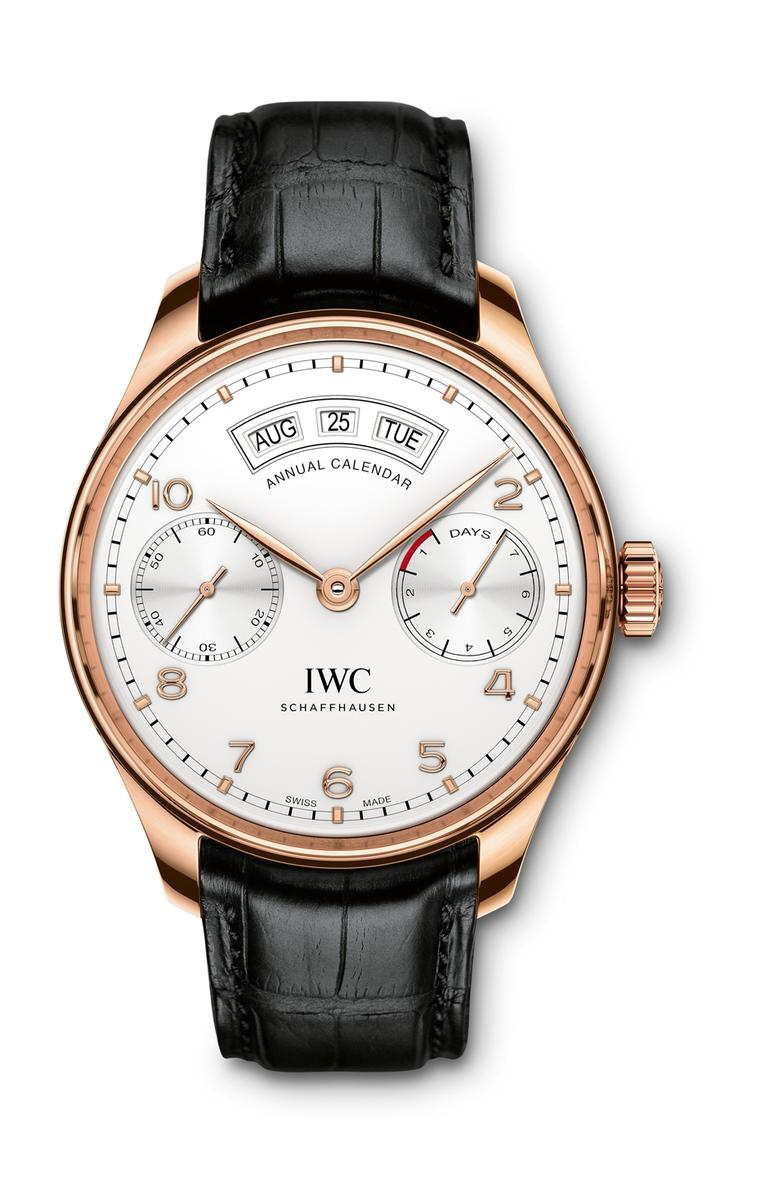 The aesthetics of IWC's new Annual Calendar watch are remarkably similar to the original 1939 Portugieser, with its large 44.2mm stainless steel or red gold case, grooved bezel, railway-track chapter ring and Arabic numerals. The two subdials display smal