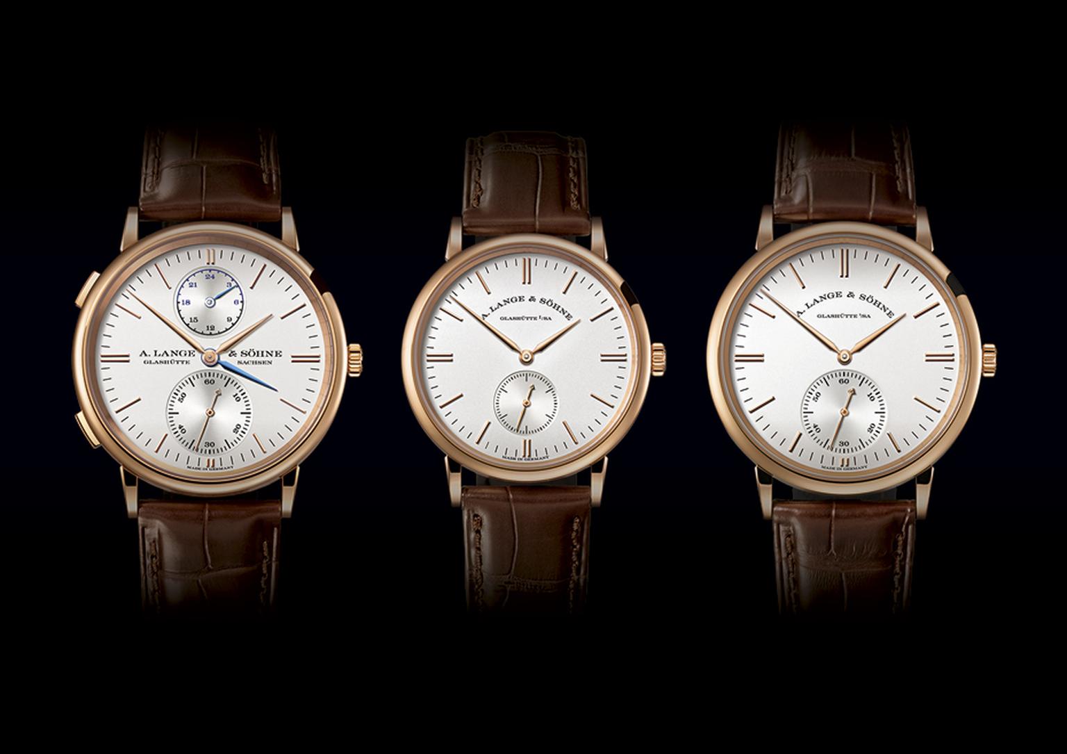 During the week of the SIHH watch salon in Geneva, A. Lange & Söhne has launched three models of its Saxonia watch family with "new design accents" on the dial. From left to right: the Saxonia Dual Time; Saxonia; and Saxonia Automatic.