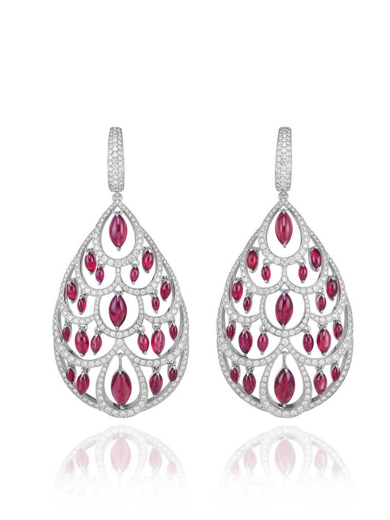 A close-up of the 9ct ruby and 3ct diamond earrings, set in 18ct white gold, from Chopard's Red Carpet collection, which were worn by British nominee Helen Mirren on the Golden Globes red carpet.
