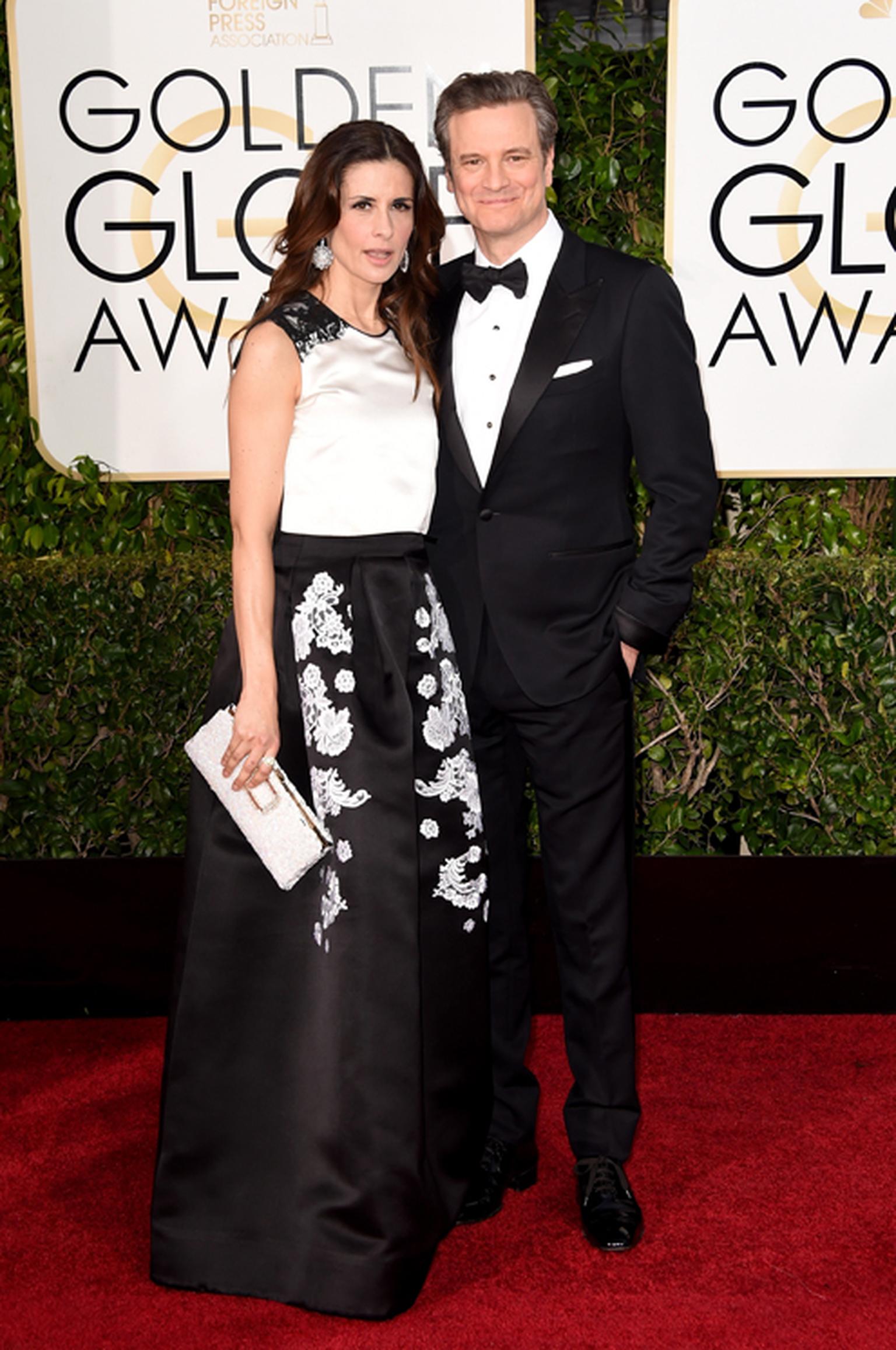 British actor Colin Firth wore an elegant Chopard L.U.C XPS watch in white gold with a black dial to the Golden Globe Awards 2015. Pictured here with his wife Olivia Firth.