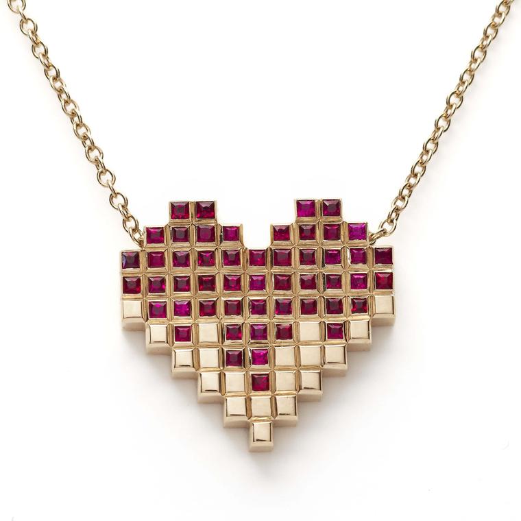 Francesca Grima Pixel Heart ruby necklace in yellow gold on a yellow gold chain.