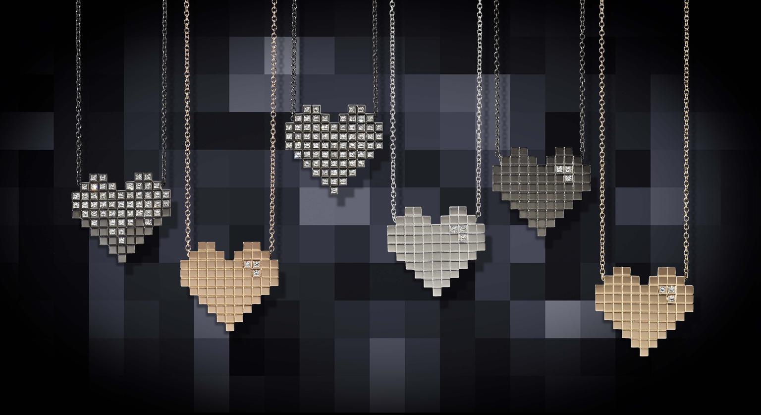 Francesca Grima gold necklaces from the Pixel Hearts collection.